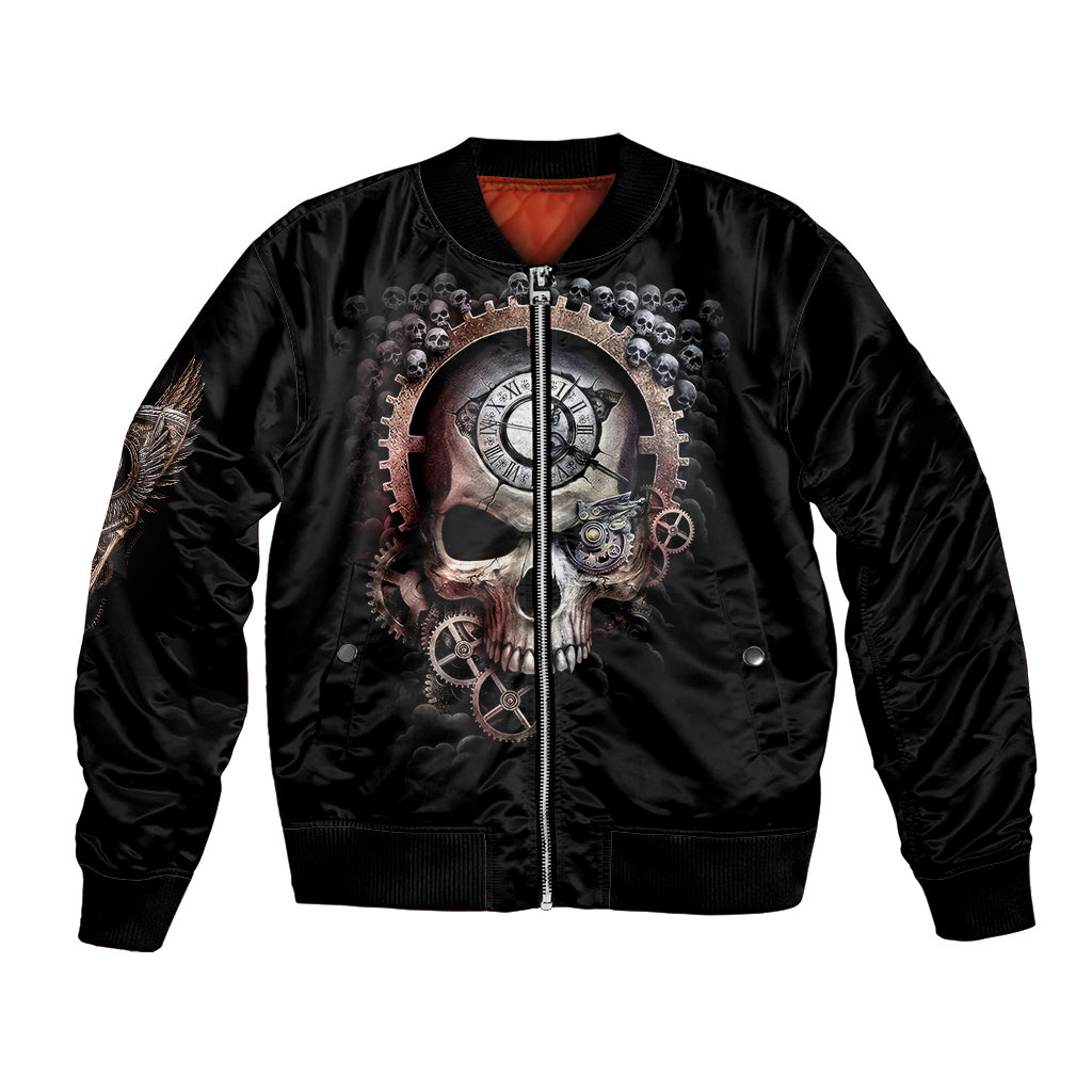 Black unisex skull bomber jacket with front zipper and large scythe skull graphic