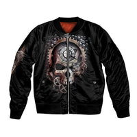 Black unisex skull bomber jacket with front zipper and large scythe skull graphic