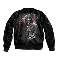 Black unisex skull bomber jacket, back print of reaper skeleton with cloak, ribbed hem