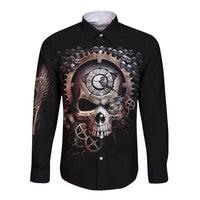 Black long-sleeve button shirt with skull and clockwork graphic on chest