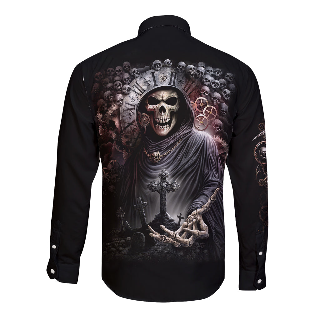 Black long-sleeve button shirt with skull reaper graphic on back