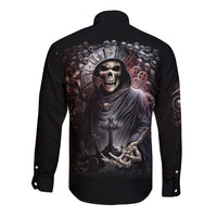 Black long-sleeve button shirt with skull reaper graphic on back