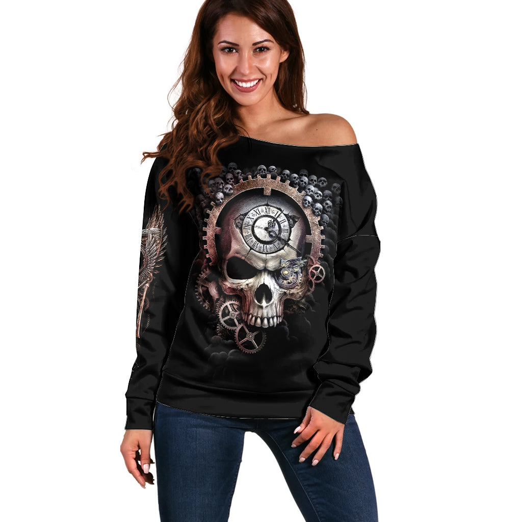 Skull Off Shoulder Sweater Skull Grim Time Reaper - Wonder Print Shop