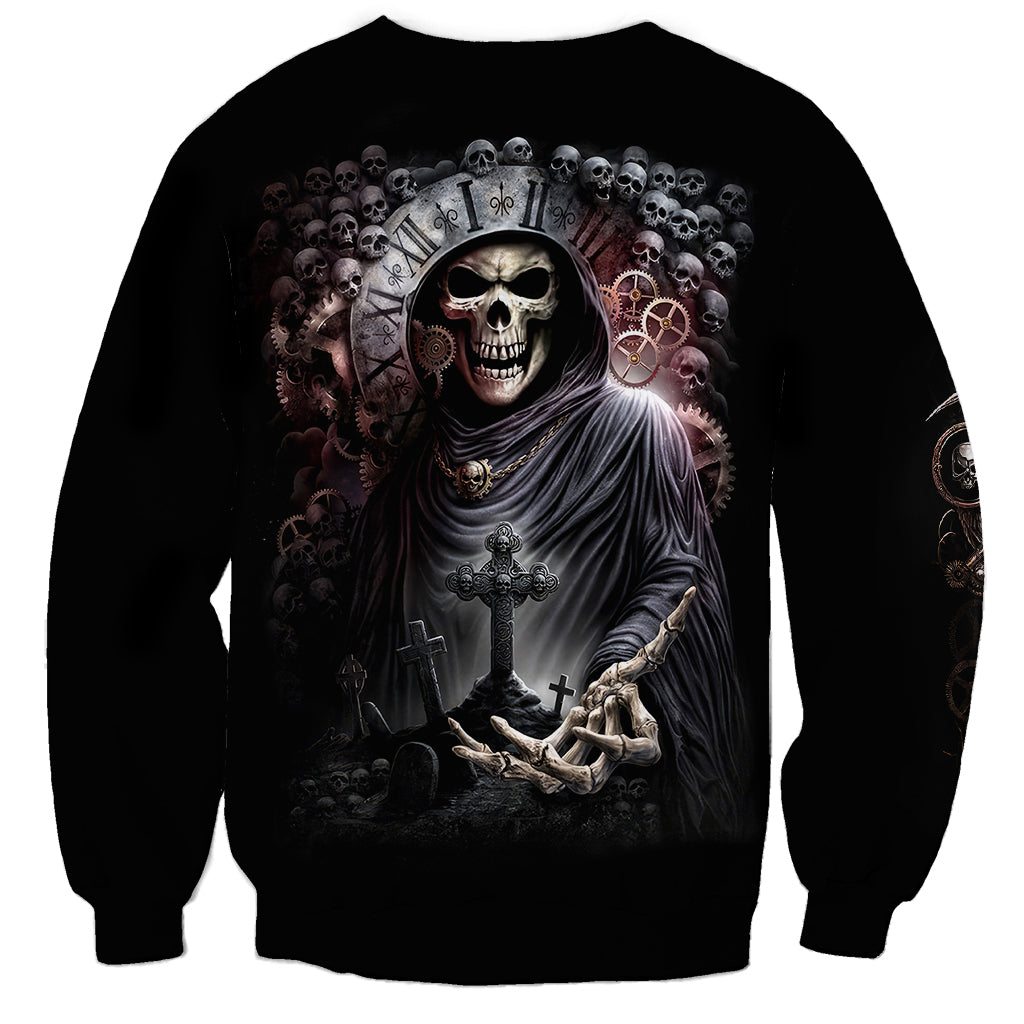 Black unisex sweatshirt with reaper skull and crown graphic on back