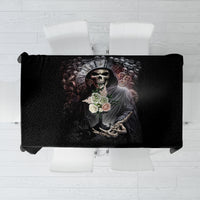 Black skull themed tablecloth with grim reaper and rose graphic, rectangular top