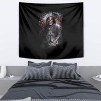 Black skull tapestry featuring a grinning skull-faced grim reaper with crown and cross