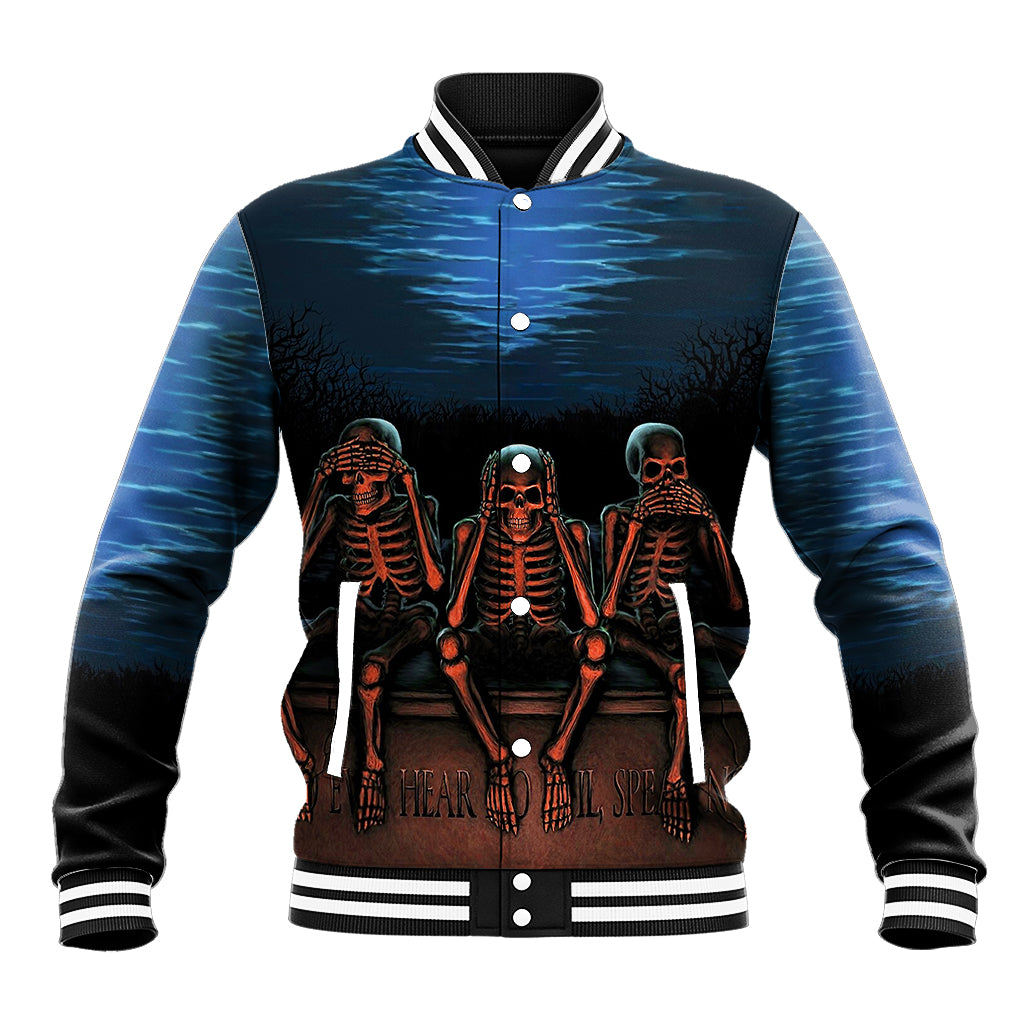 Unisex baseball jacket with blue tie-dye look, black sleeves, ribcage skeleton graphic