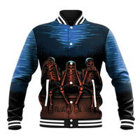 Unisex baseball jacket with blue tie-dye look, black sleeves, ribcage skeleton graphic