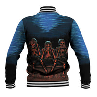 Unisex baseball jacket, back graphic of three skeletons, blue tie-dye with black sleeves