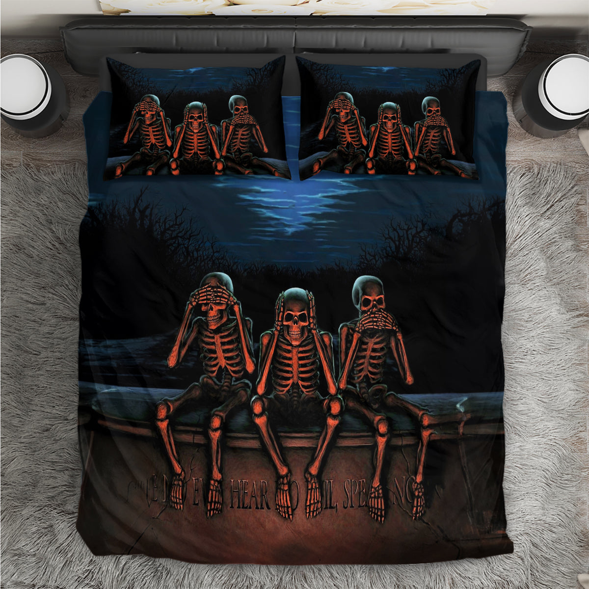 Skull Bedding Set Three Skeleton No See No Speak No Hear - Wonder Print Shop