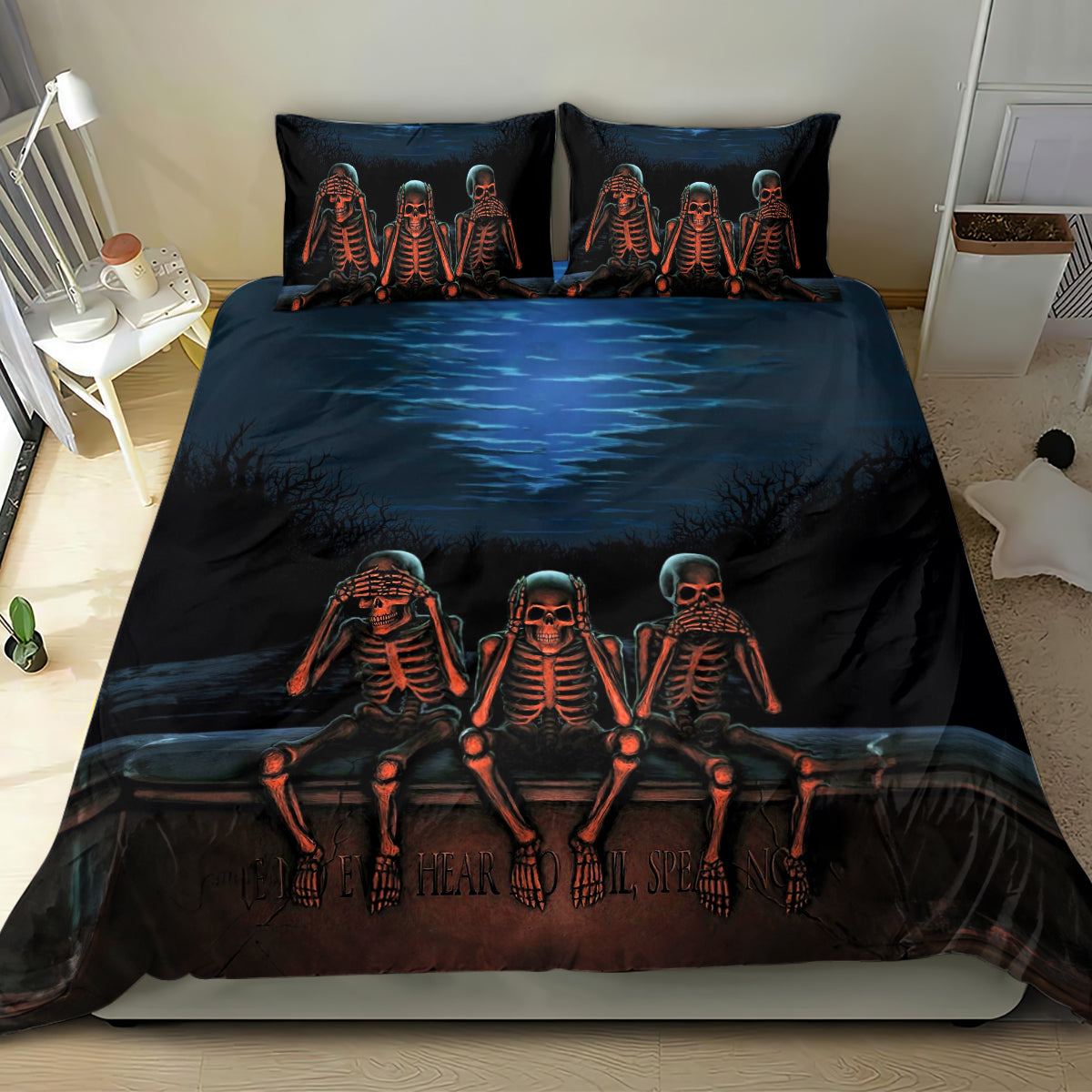 Dark three skeleton bedding set with duvet and matching pillowcases