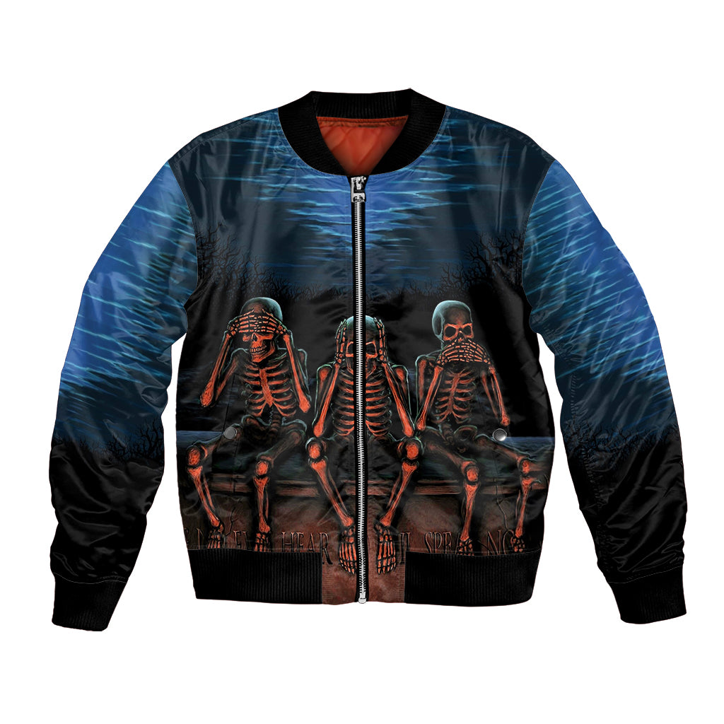 Black bomber jacket with blue lightning sleeves and three skeleton graphic on front