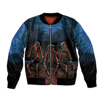 Black bomber jacket with blue lightning sleeves and three skeleton graphic on front