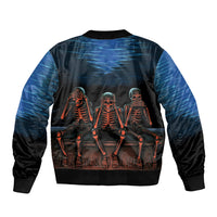Black bomber jacket with blue lightning sleeves and three skeleton graphic on back