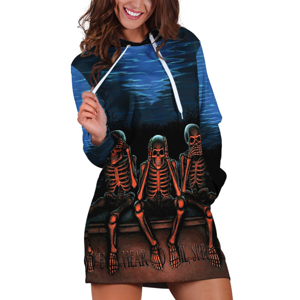 Skull Hoodie Dress Three Skeleton No See No Speak No Hear - Wonder Print Shop