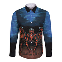Long-sleeve button shirt with three skeleton graphic, blue wave sleeves, dark base.