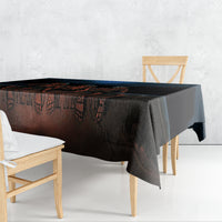 Black tablecloth with skeleton drip-and-rib graphic on the table front