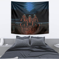 Black skeleton wall tapestry with three figures and blue wave pattern across bottom