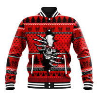 Red skeleton baseball jacket with bold front skull graphic and black striped trim, snap buttons