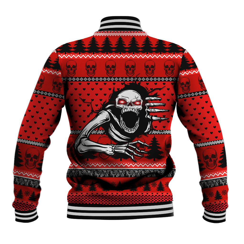 Red skeleton baseball jacket, back roaring skull graphic with heart and tree patterned yoke