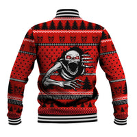 Red skeleton baseball jacket, back roaring skull graphic with heart and tree patterned yoke
