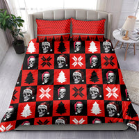 Red and black checkered bedding set with skeleton faces, Christmas trees, and snowflakes