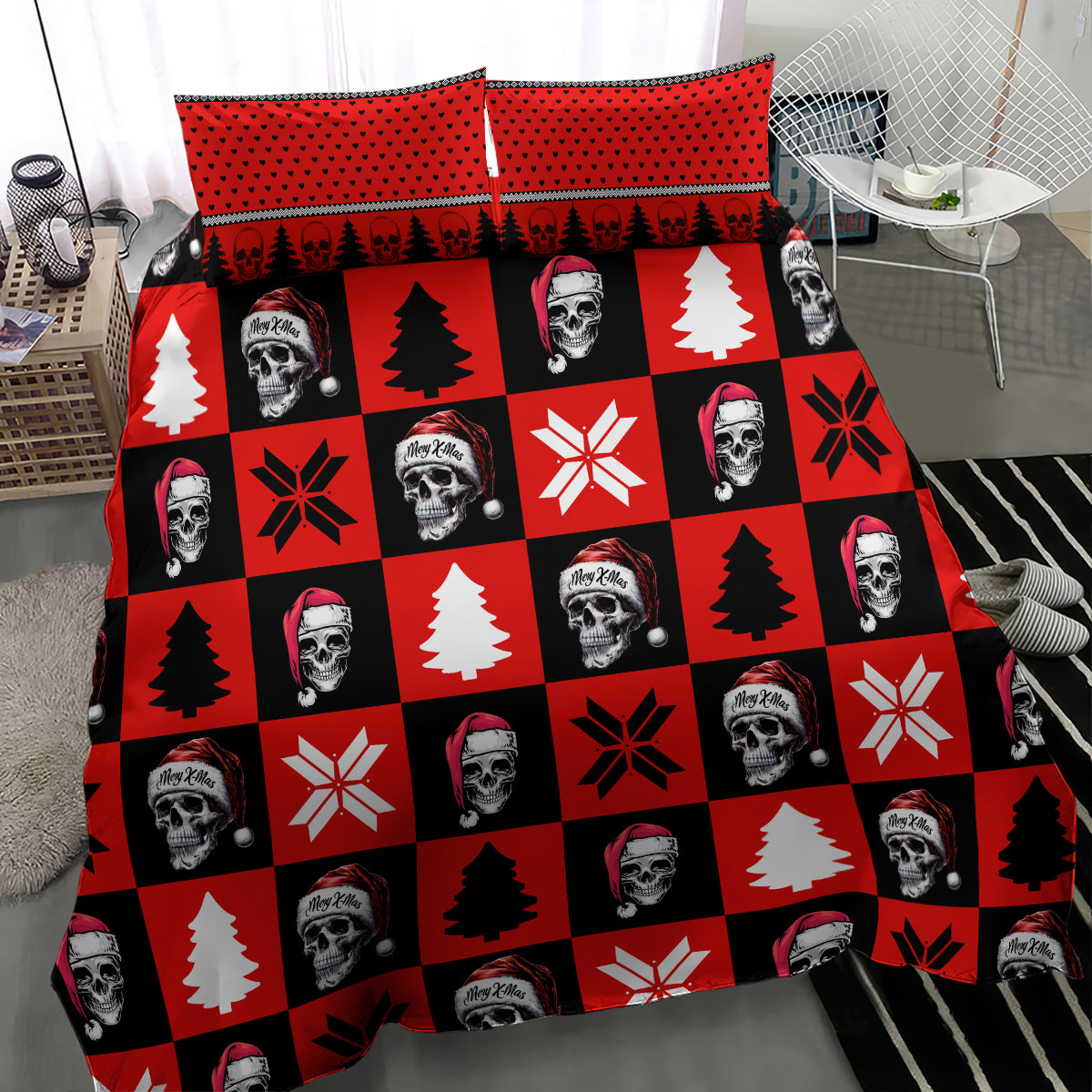 Red and black bedding set with two pillows, skeleton faces, Christmas trees, and snowflakes