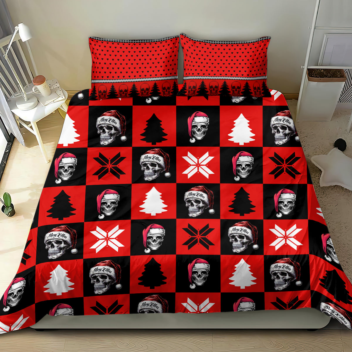 Red and black patchwork bedding set with two pillows, skeletons, fir trees, and snowflakes