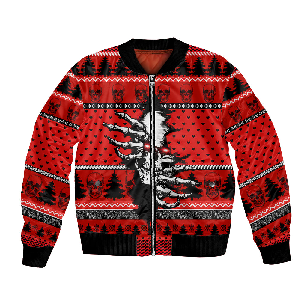Red unisex bomber jacket with front skeleton graphic, zip front, and ribbed collar and cuffs