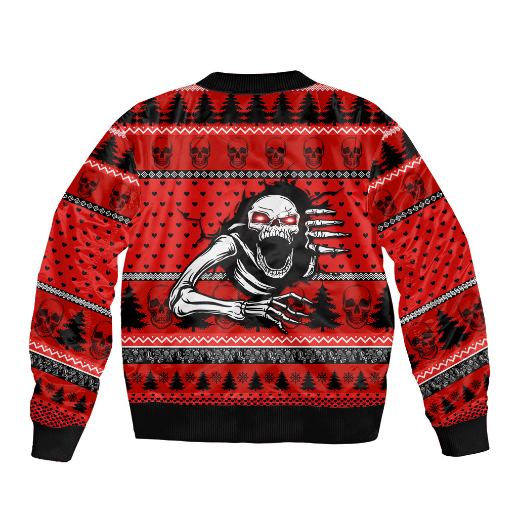 Red unisex bomber jacket with large center skeleton print, ribbed collar, and stripe patterns