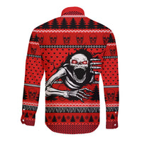 Red skeleton long sleeve button shirt, back with skeleton posing graphic