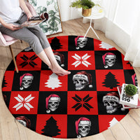 Round red-and-black Christmas rug with skull faces, snowflakes, and pine-tree blocks