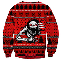 Unisex red crewneck sweatshirt with screaming skull and bones graphic