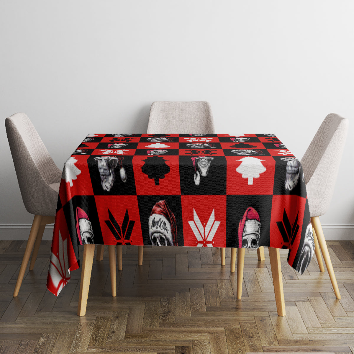 Red skeleton Christmas tablecloth with geometric squares, skull faces, trees, and snowflake shapes