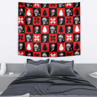 Red and black checkered tapestry with skeleton faces, Santa hats, pine trees, and snowflake icons
