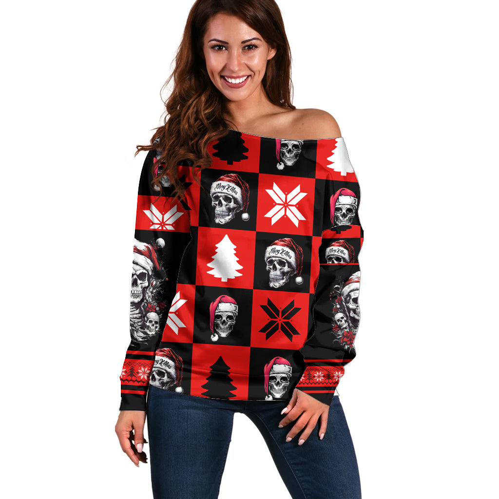 Skull Santa Off Shoulder Sweater Pattern Skull Santa Ugly Christmas - Wonder Print Shop