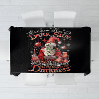 Black tablecloth with Santa skull graphic and red-dark typography design