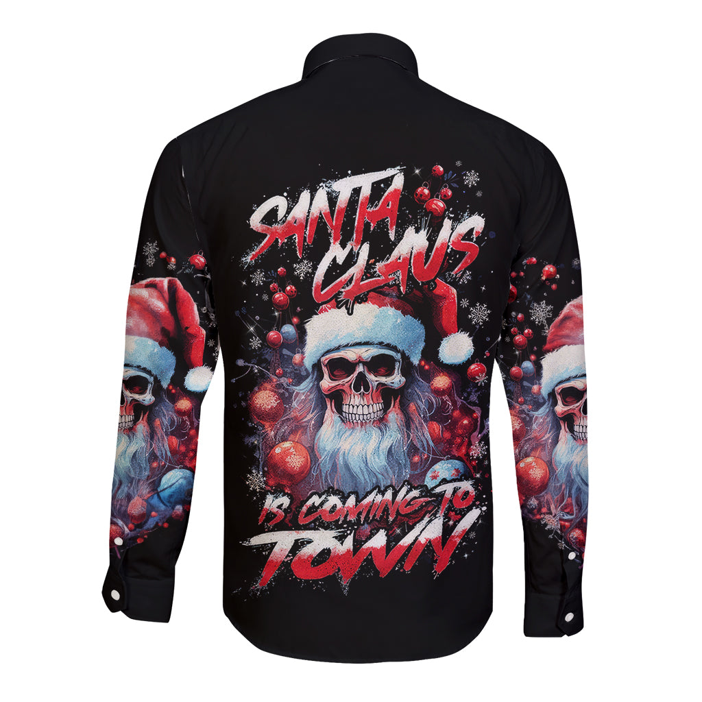 Skull Santa Claus Long Sleeve Button Shirt Santa Claus Is Coming To Town - Wonder Print Shop