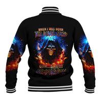 Black baseball jacket with flame skull back graphic, ribbed striped collar and cuffs