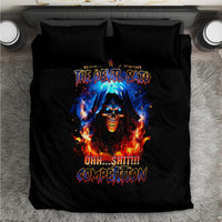 Black flame skull bedding set with fiery devil-face graphic on duvet and two pillows
