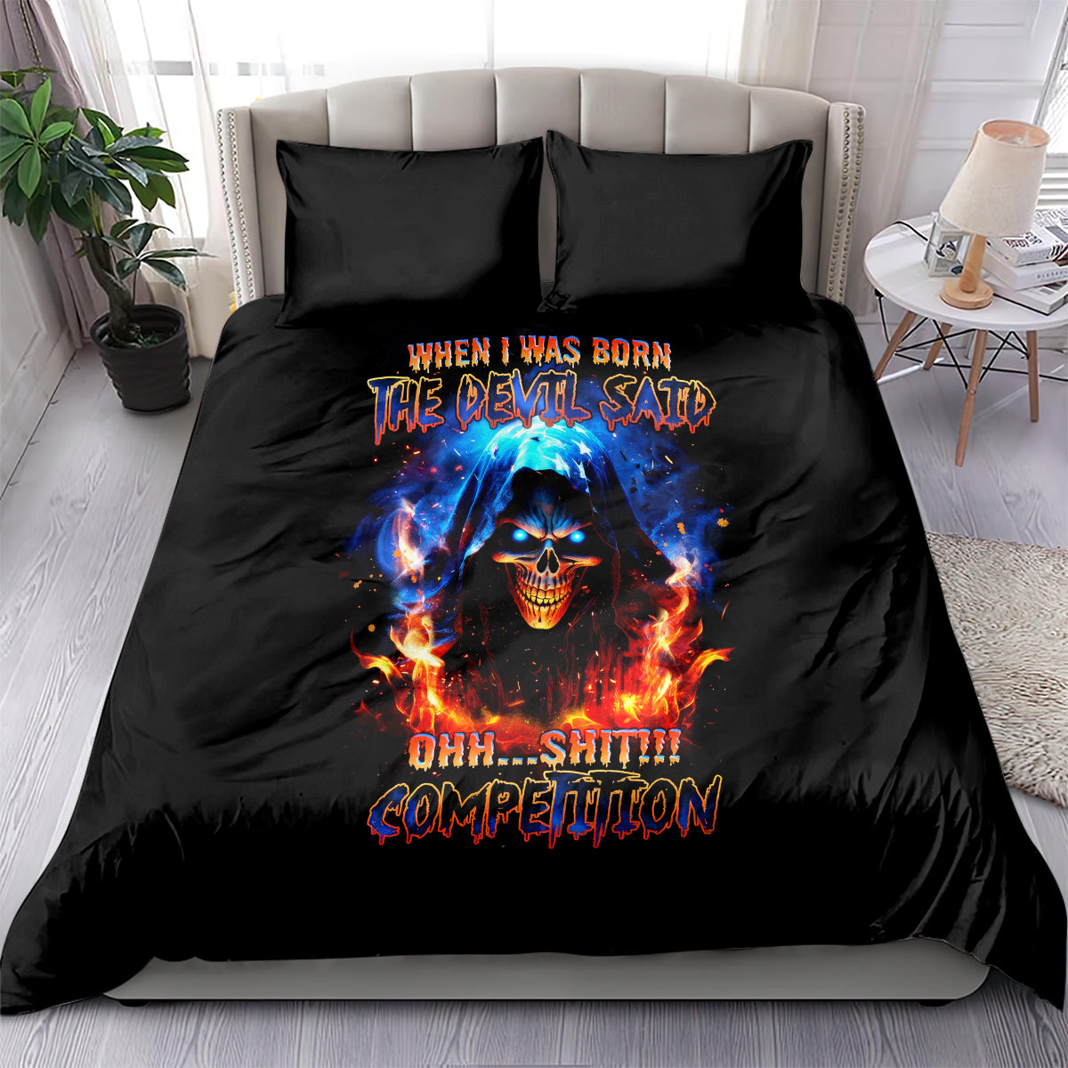 Black devil skull bedding set: fiery skull graphic centered on duvet with two matching pillowcases