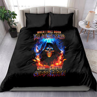 Black devil skull bedding set: fiery skull graphic centered on duvet with two matching pillowcases