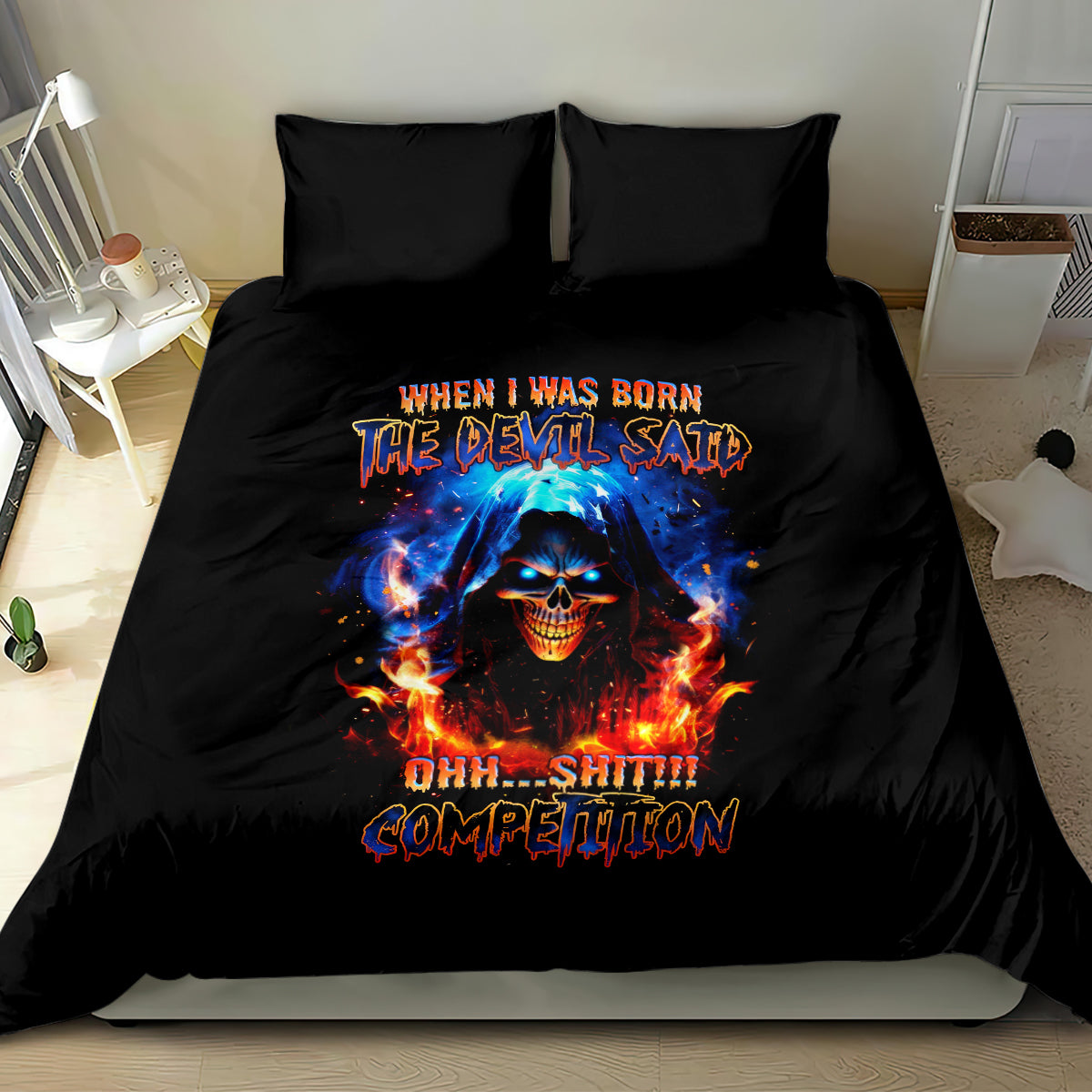 Black duvet and pillow bedding set featuring blue-red skull flames graphic