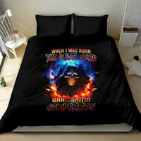 Black duvet and pillow bedding set featuring blue-red skull flames graphic