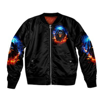 Black bomber jacket with front zipper and flaming skull graphic, ribbed cuffs