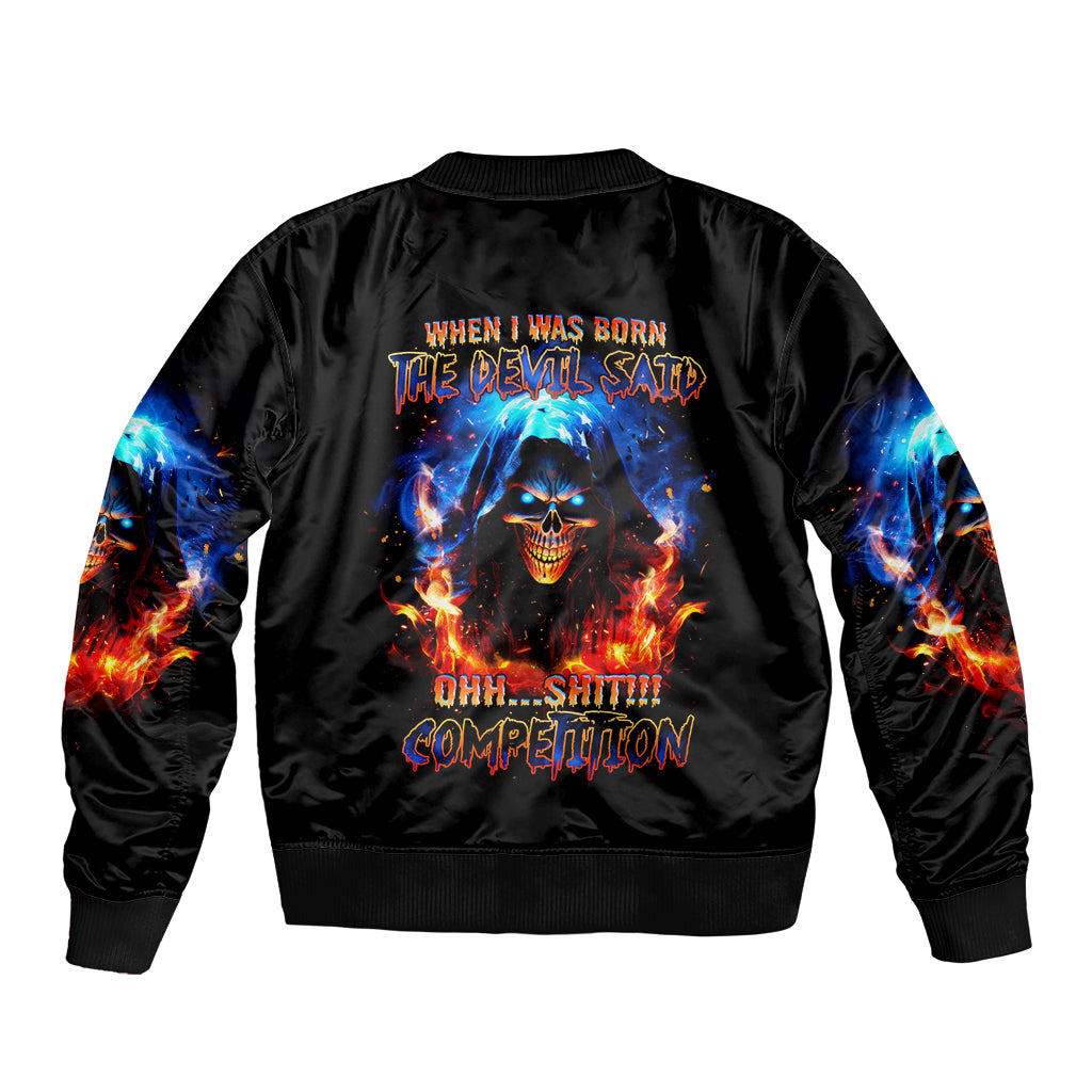 Black bomber jacket with ribbed trim and flaming skull graphic on back