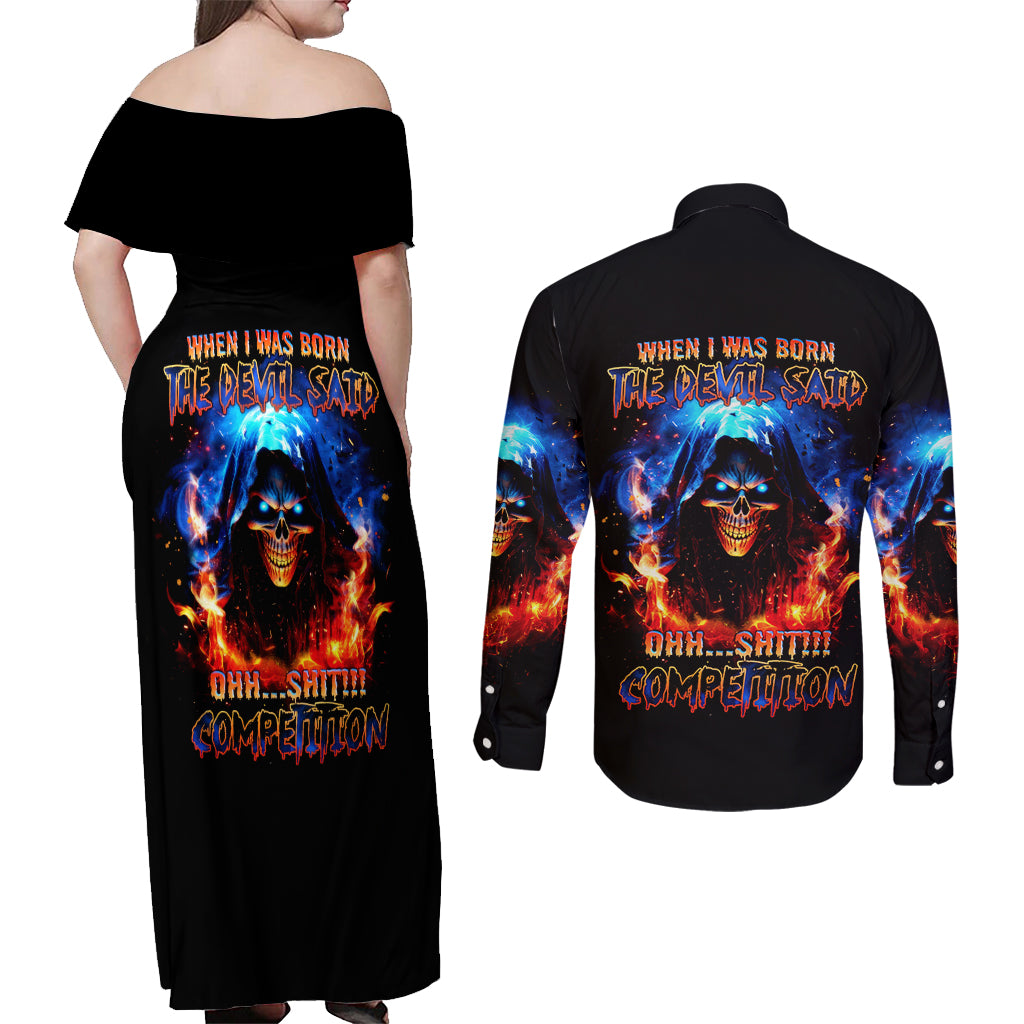 Flame Skull Couples Matching Off Shoulder Maxi Dress and Long Sleeve Button Shirt When I Was Born The Devil Said Competition - Wonder Print Shop