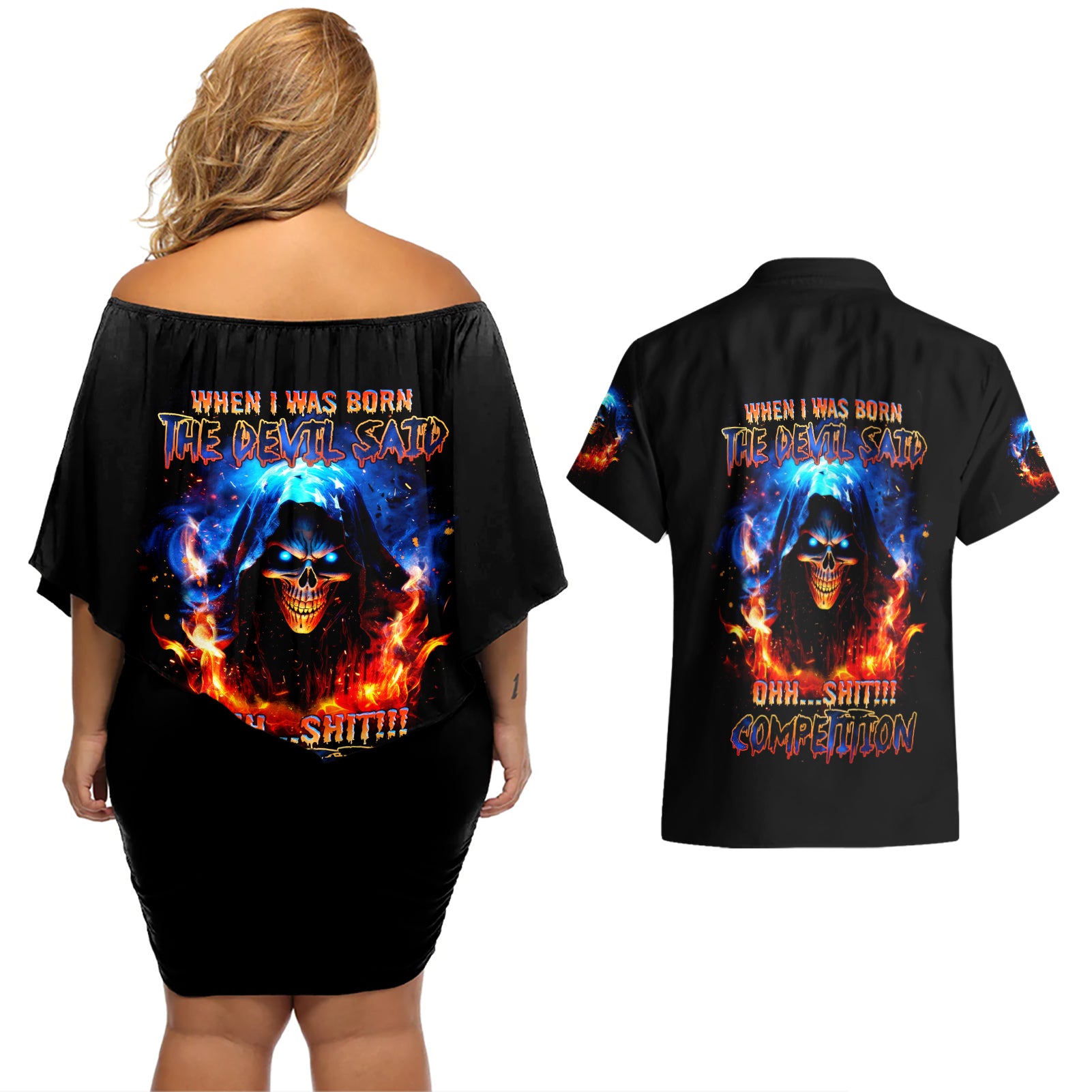 Flame Skull Couples Matching Off Shoulder Short Dress and Hawaiian Shirt When I Was Born The Devil Said Competition - Wonder Print Shop