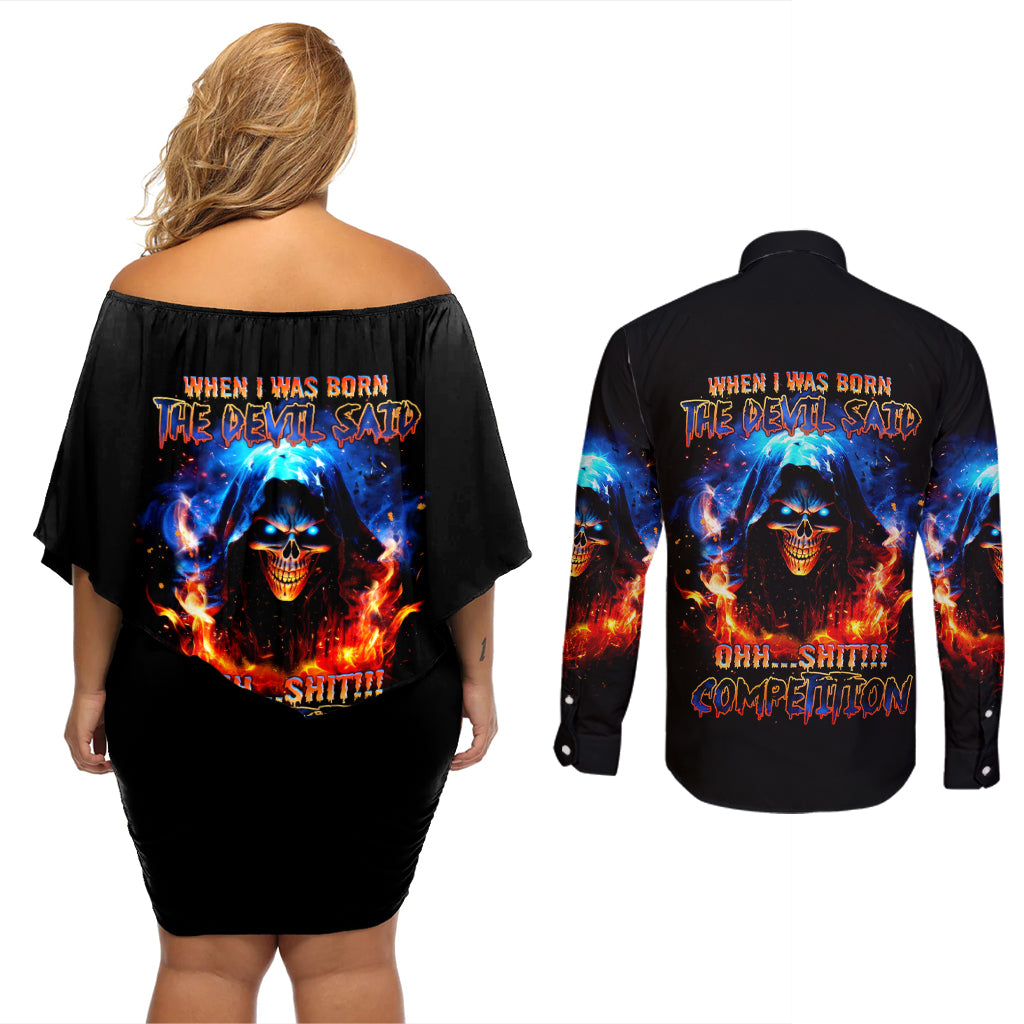 Flame Skull Couples Matching Off Shoulder Short Dress and Long Sleeve Button Shirt When I Was Born The Devil Said Competition - Wonder Print Shop