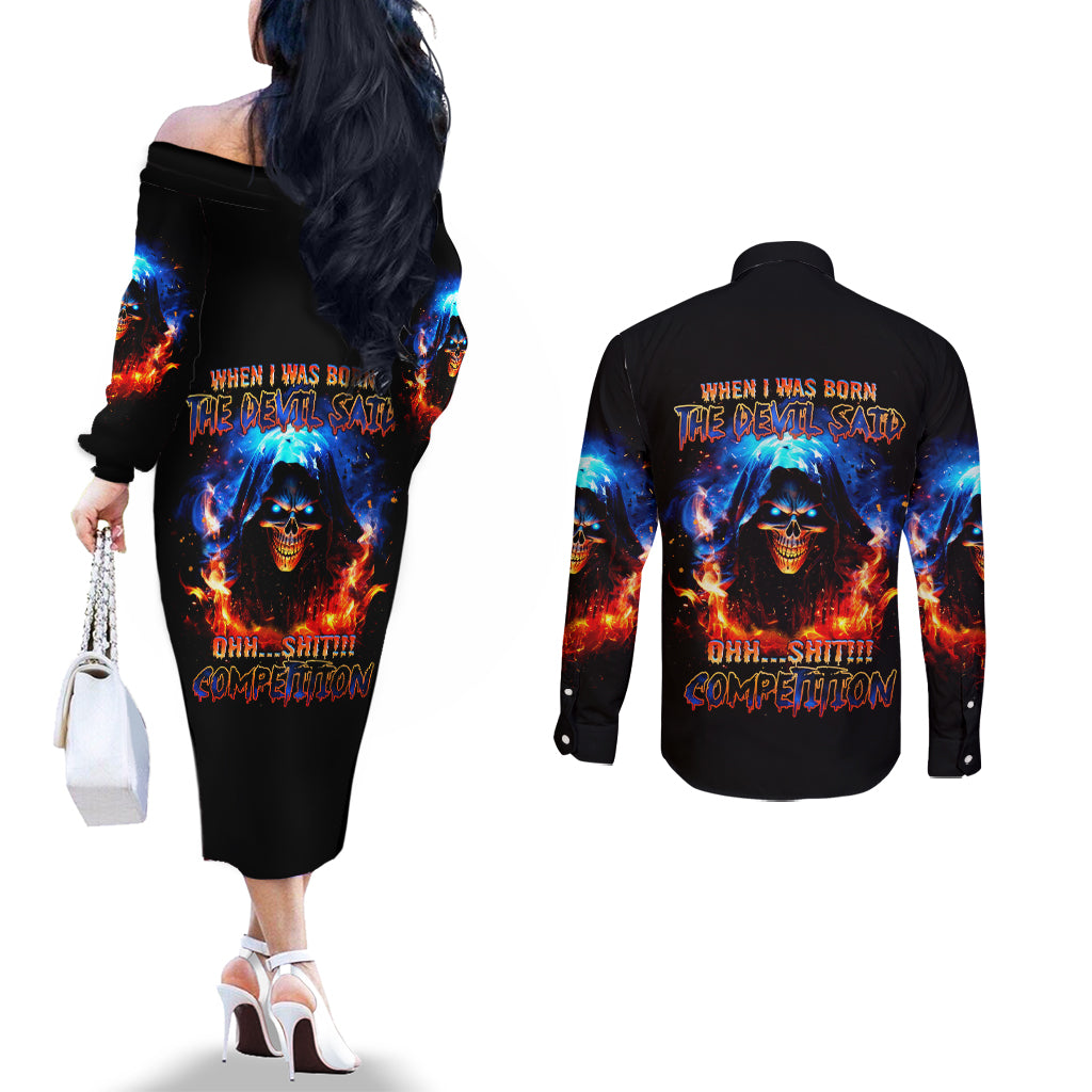 flame-skull-couples-matching-off-the-shoulder-long-sleeve-dress-and-long-sleeve-button-shirt-when-i-was-born-the-devil-said-competition